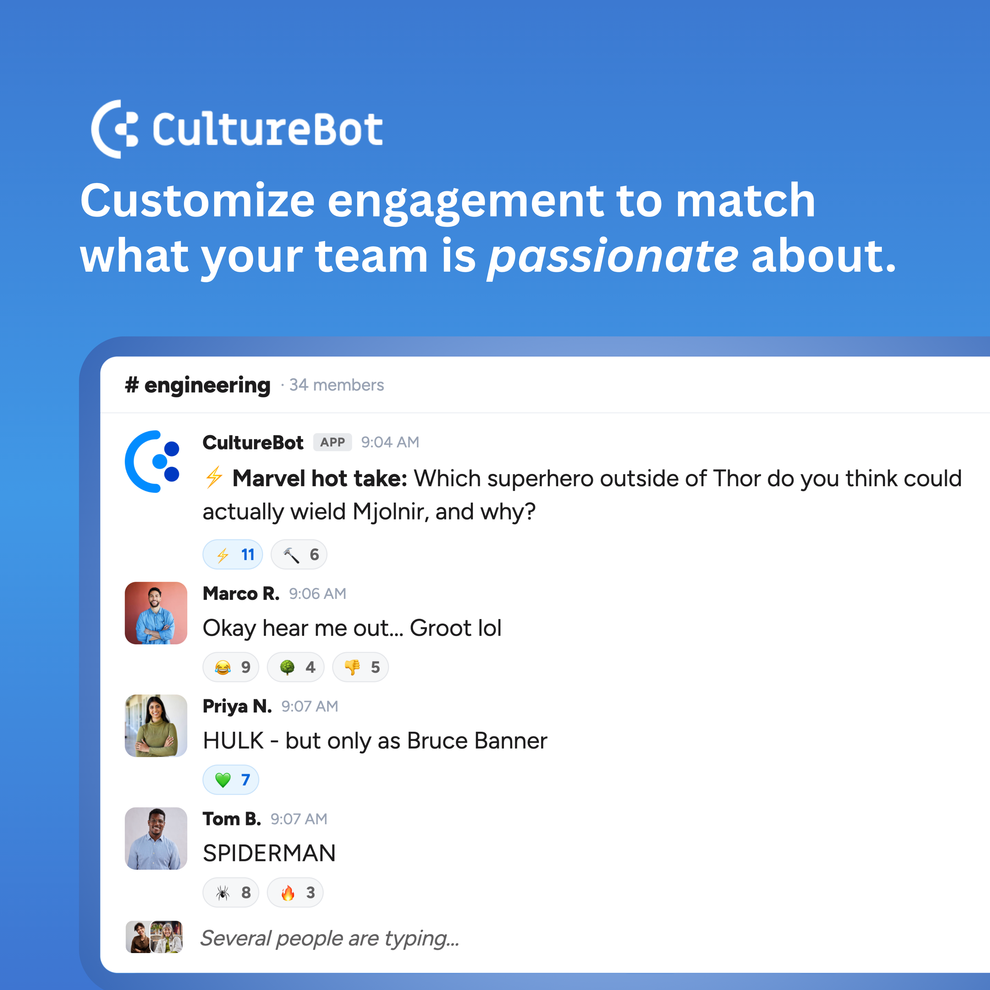 Customized team engagement with custom trivia and Watercooler content in CultureBot