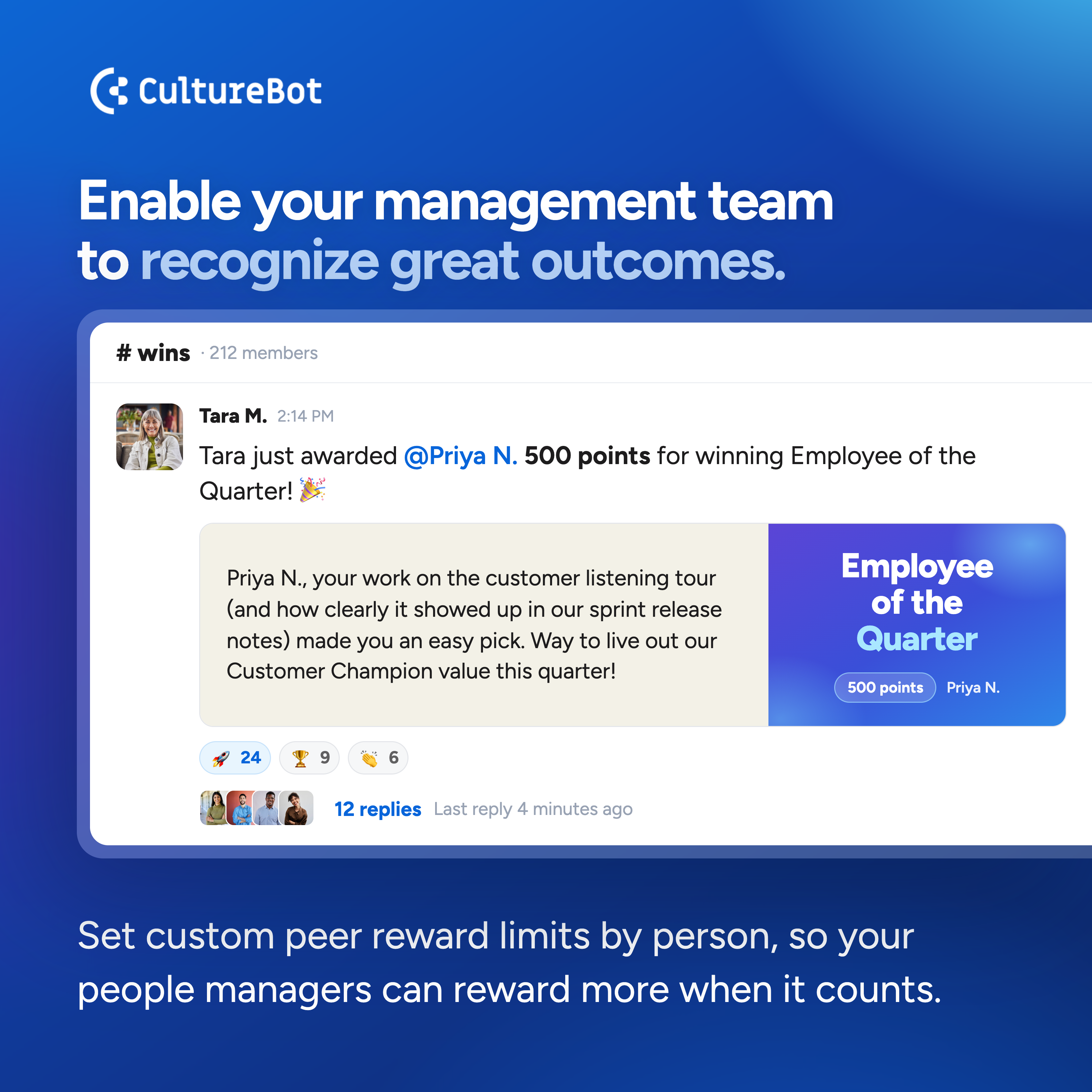 Peer Rewards override feature enabling managers to reward more in CultureBot