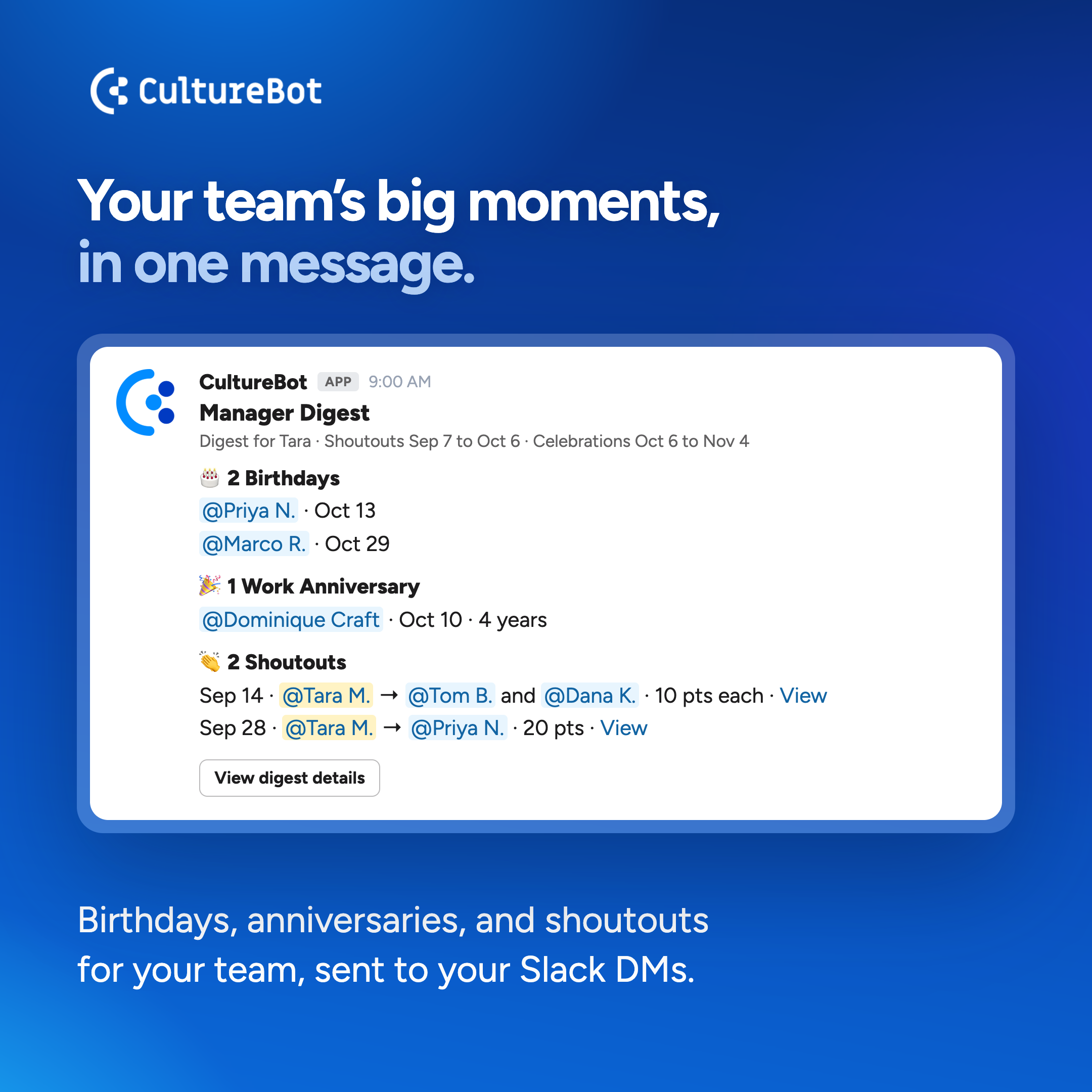 CultureBot Manager Digest in Slack listing a team's upcoming birthdays, a work anniversary reminder, and recent shoutouts in one message